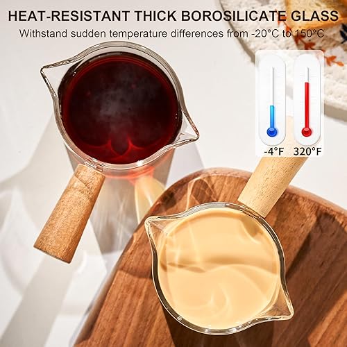 Miniatura 6 de PARACITY Juego de 2 tazas de espresso con mango de madera, tazas medidoras de vidrio de doble boquilla con doble escala, vaso de chupito de espresso