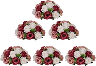 BLOSMON Artificial Rose Balls Centerpieces: 6pc 11.8 Inch Burgundy Blush White Fake Flower for Wedding Centerpieces - Faux Floral Arrangement Bouquet - Silk Kissing Ball Home Party Baby Shower Decor