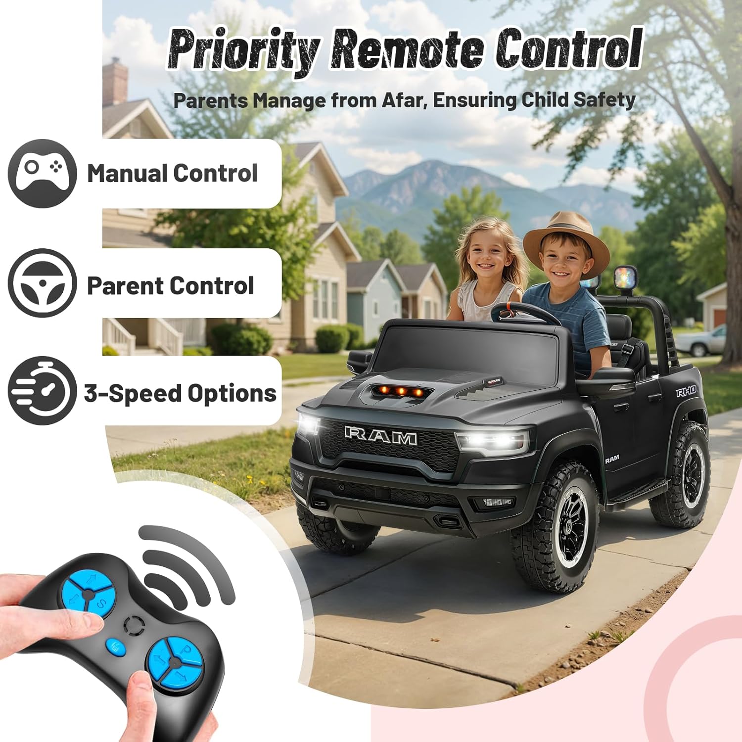 Licensed RAM 1500 2-Seater Ride on Truck, 24V Electric Car with Roll Bar & Searchlights, Remote Control, All-Terrain Suspension (Black)