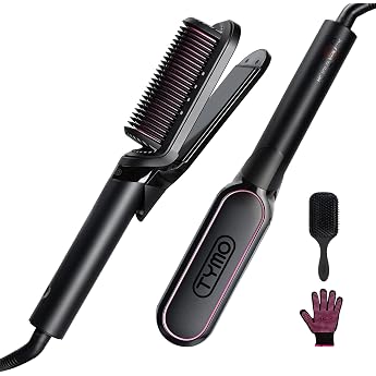 TYMO Hair Straightener Brush - 2 in 1 Straightener Curls and Straightening Ion Keratin Straightening Brush for Quick Silky Straight Hair with 3D Floating Panel to Prevent Hair Pulling For All Hair