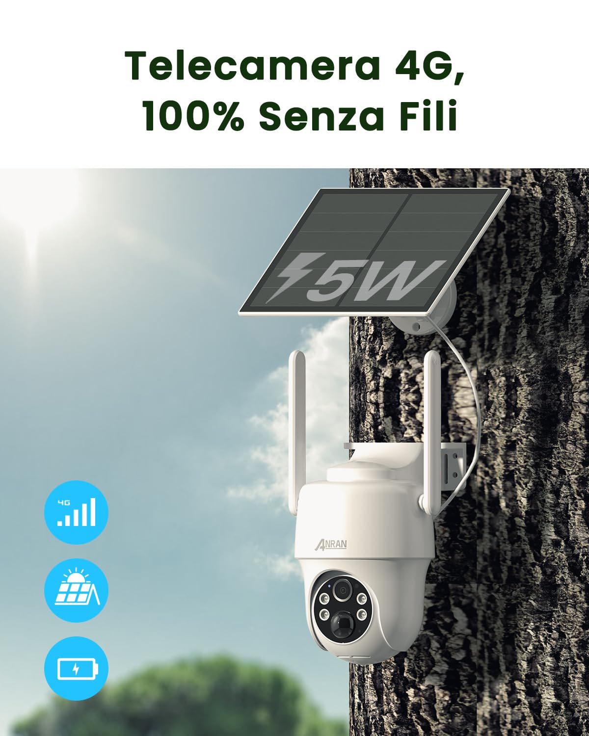 ANRAN 2K HD 3G/4G LTE Telecamera SIM Batteria da Esterno, Videocamera Sorveglianza 32GB Scheda SD+ Pannello Soalre, Girevole a 360° Senza Wi-Fi, Telecamera Solare con Visione Notturna a Colori, G1 Pro