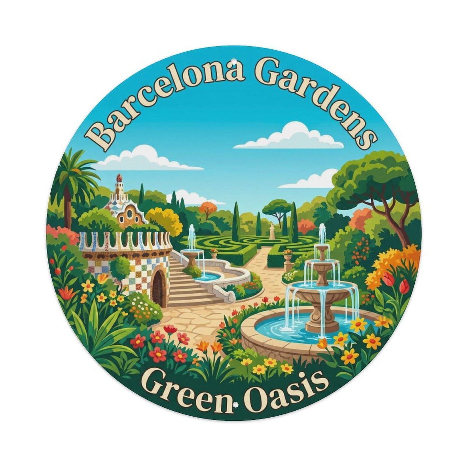 Retro Barcelona Catalan Garden Landmark Culture Heritage Metal Tin Sign Plaque Wall Decor for Cafe, Man Cave, Club Bar, Office, Home Garden Round Metal Poster 8x8Inch