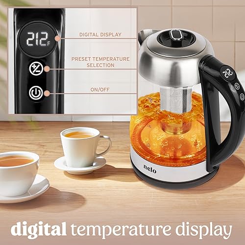 Miniatura 3 de NELO Hervidor eléctrico con infusor de té extraíble, 7 ajustes preestablecidos de temperatura, pantalla digital, luces indicadoras LED, hervidor de