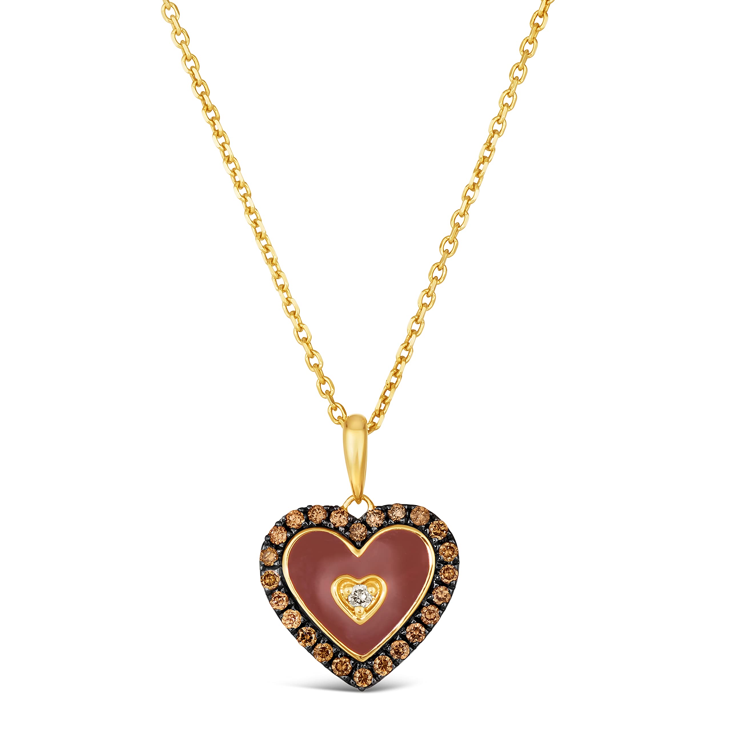 LE VIAN 1/5 Carat White and Chocolate Diamond with Enamel Heart Pendant Necklace for Women in 14k Yellow Gold (Brown, cttw) on 20 Inch Long Chain with Lobster Claw Clasp by LeVian