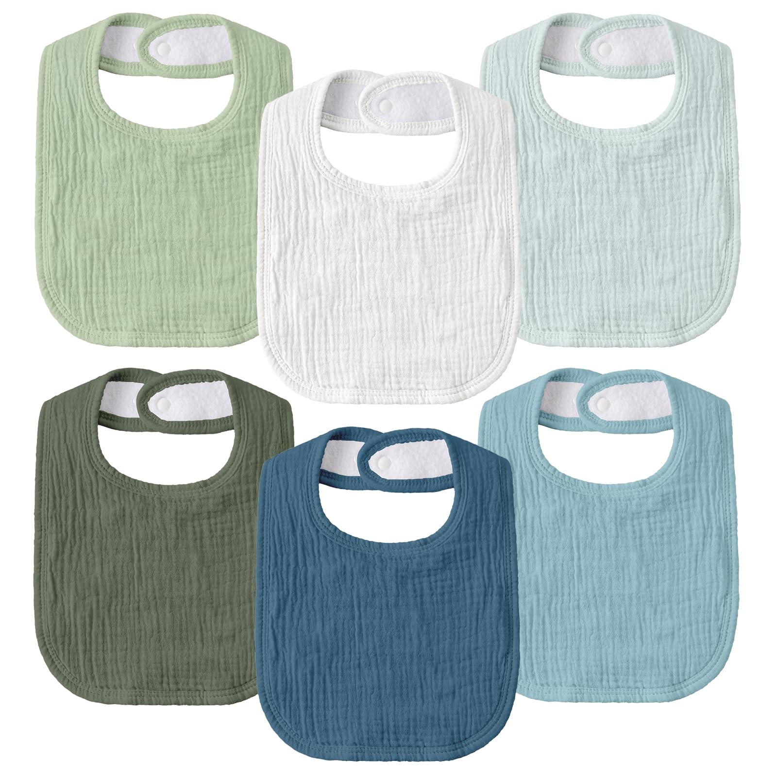 Muslin Bibs for Baby Boy, Adjustable Fit for Drooling and Teething Toddler | 6Pk, 100% Soft Cotton Surface & Multi-Layer Absorbent Core, Shrink-resistant & Fade-Proof, Gentle on Sensitive Newborn skin 6-Pack Teal Mist