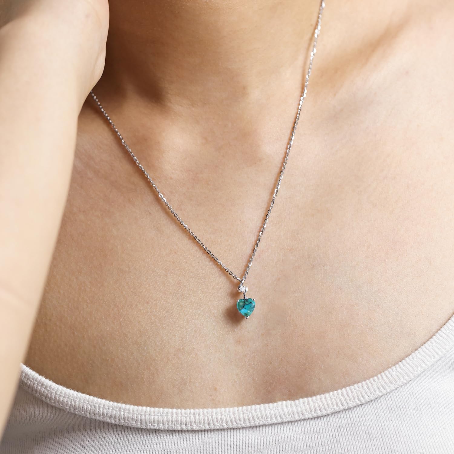 AGVANA Christmas Gifts 14K Solid White Gold Diamond Gemstone Pendant with Sterling Silver Chain 8mm Heart Birthstone Necklace Fine Jewelry Anniversary Birthday Gifts for Women Mom Wife