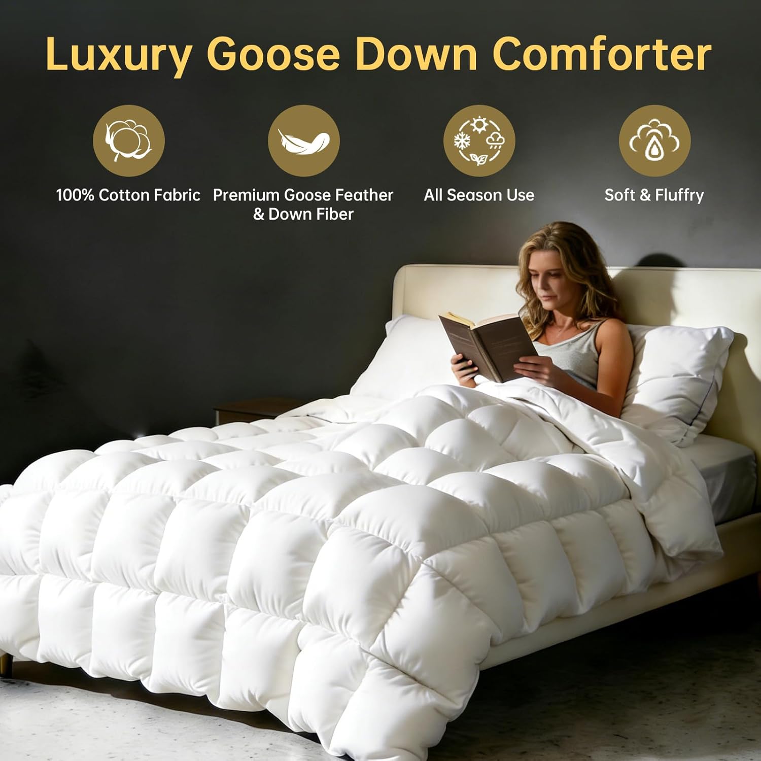 Goose Down Comforters 100% Oganic Cotton Shell Queen Size Comforter Luxury Duvet Insert, All Season White Bed Comforter Medium Warmth Goose Down Duvet,430 Thread (Queen 90x90) - Image 2