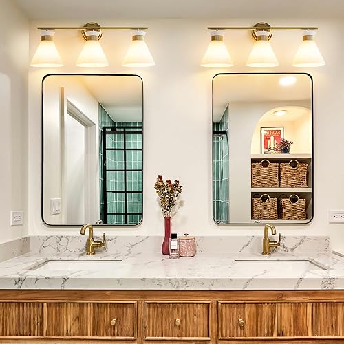 Miniatura 5 de WOSHITU Lámparas de tocador de baño 3 luces de mediados de siglo modernas luces de tocador para baño sobre espejo, iluminación de pared de oro