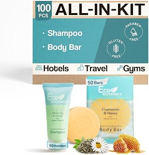 Eco Botanics Hotel Soaps & Toiletries Bulk Set | 1-Shoppe Amenities Kit for Hotels & Vacation Rentals | 0.85 oz Conditioning Shampoo & 0.89 oz Bar Soap | 100 Pieces