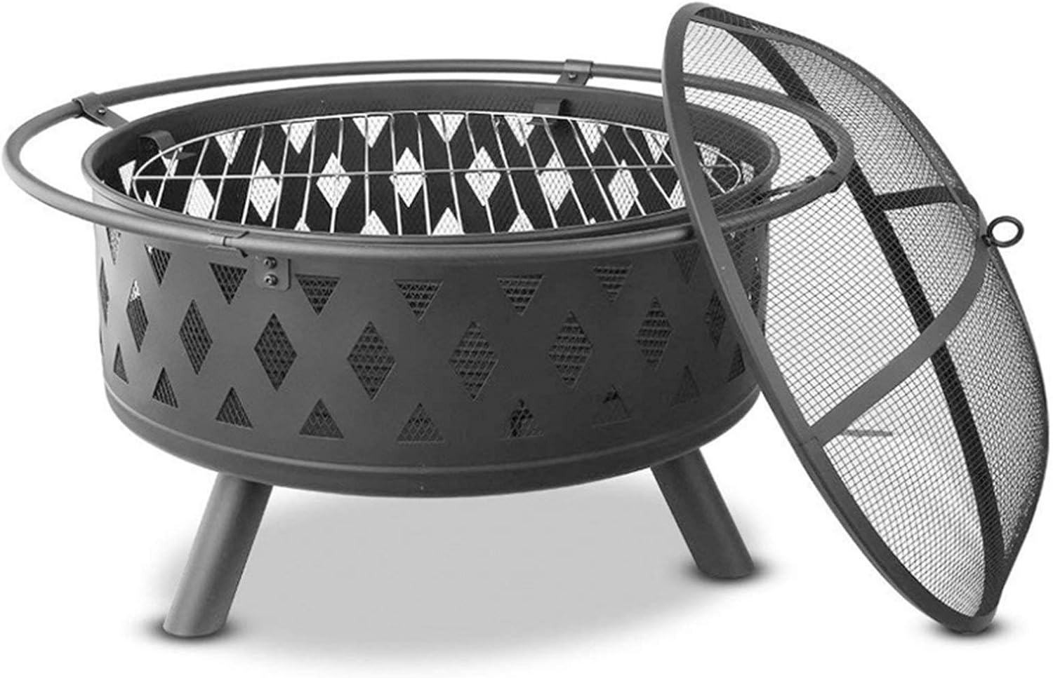 Garden Fire Pit Grill Bowl Grill Barbecue Rack 2-in-1 Outdoor Fire Pits Outdoor Fire Tables,29.5in Heavy Duty Steel BBQ Grill Fire Pit Bowl with Spark Screen Cover