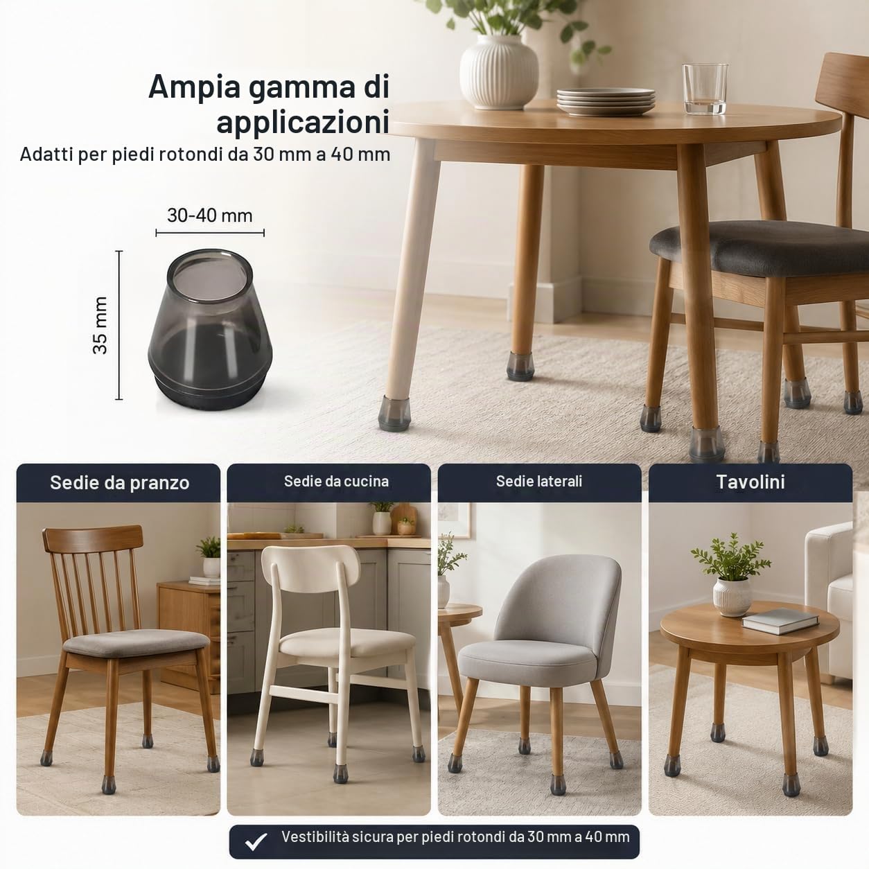 16 Pcs Gommini per Sedie in Silicone con Feltrini Neri, Diametro 30-40 mm | Proteggi Pavimenti Antigraffio e Antirumore per Legno Duro, Piastrelle e Laminato, per Gambe Dritte e Inclinate