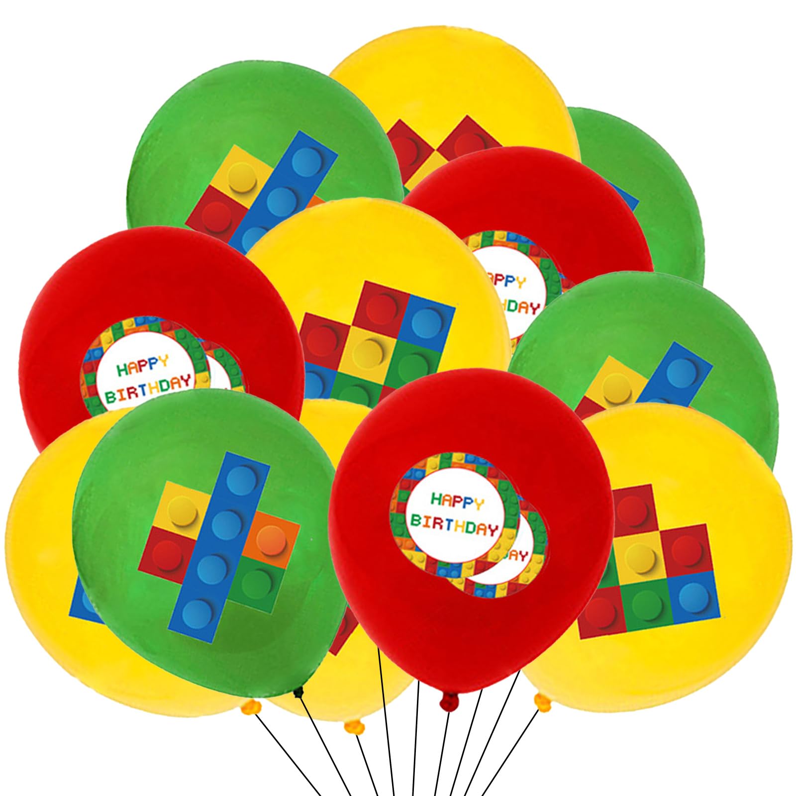 Ovanda Pack of 18 Building Block Birthday Balloons, 30 cm Building Block Happy Birthday Red Blue Yellow Balloons, Building Blocks Theme Party Decoration Latex Balloon for Girls Boys Birthday Party