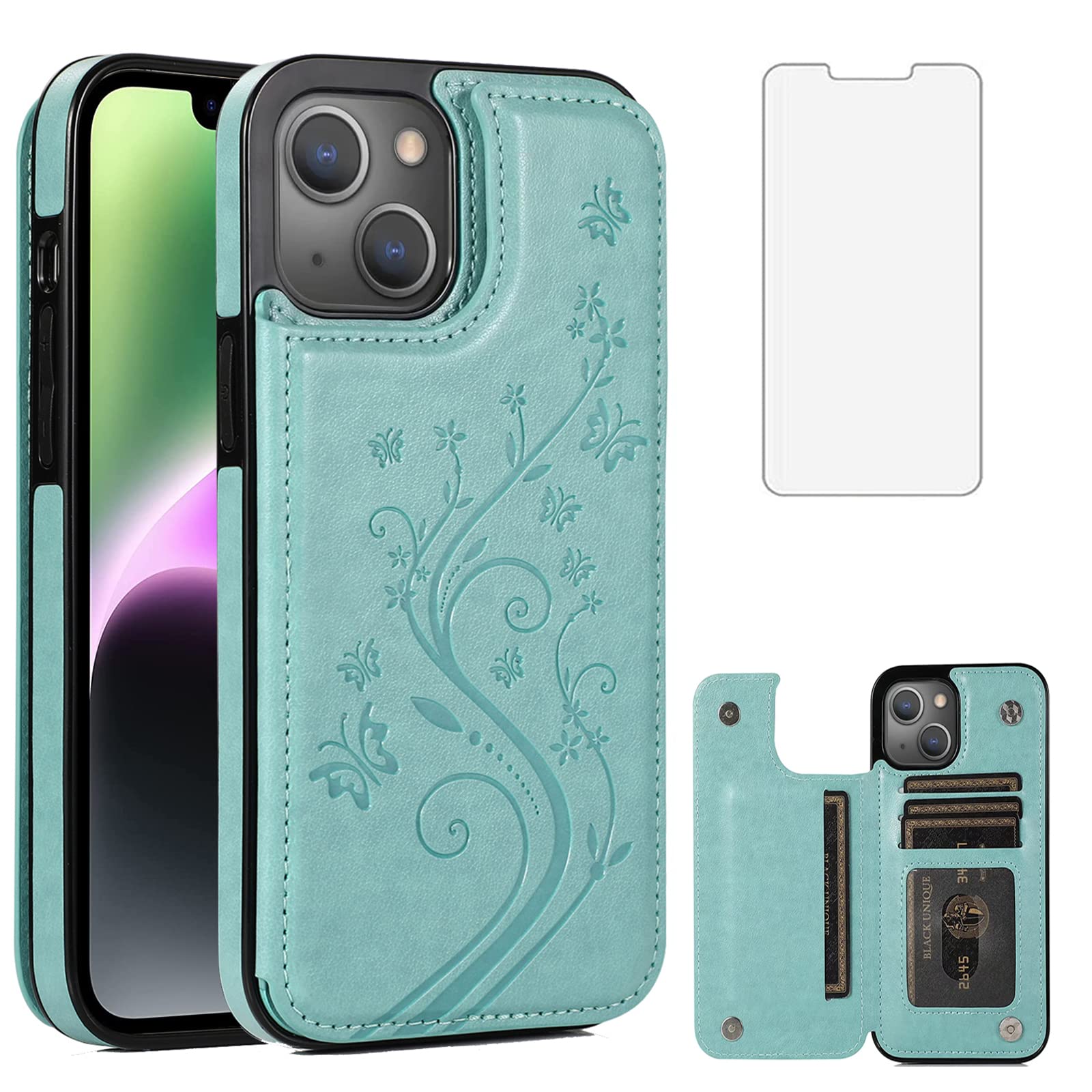 Compatible with iPhone 15 Plus 6.7 inch Case with Tempered Glass Screen Protector and Card Holder Wallet Cover Stand Flip Leather i-Phone 15+