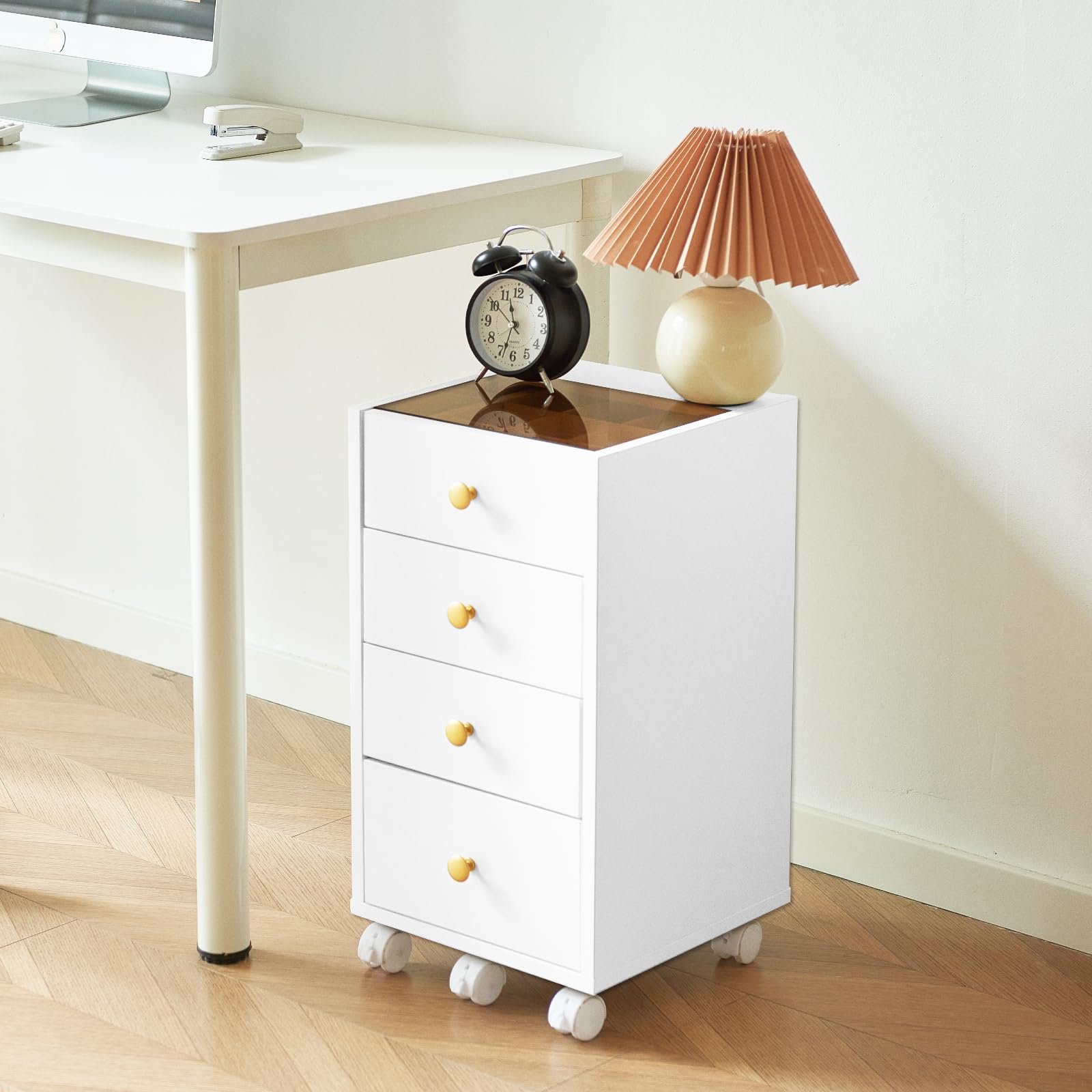 JanlyHome, piccola cassettiera con 5 cassetti, cassettiera da ufficio sotto la scrivania, armadietto in legno con piano in vetro, supporto per stampante mobile con ruote bloccabili, per casa, ufficio,