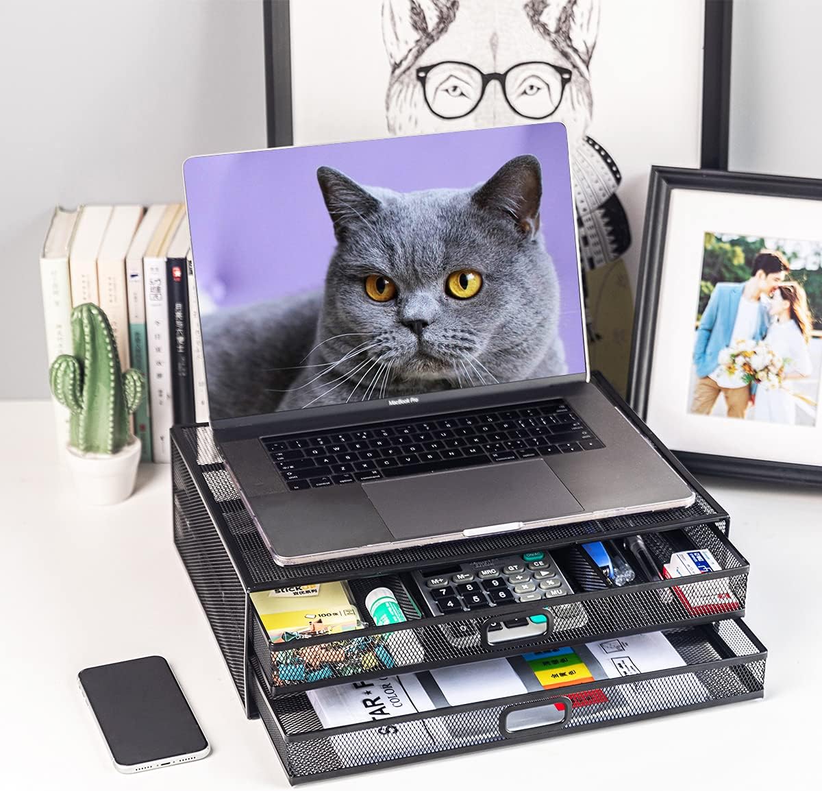 Computer Monitor Stand Riser with Drawer, Metal Mesh Desk Organizer and Storage with Dual Pull Out Drawer, Office Supplies Organizers and Accessories for PC, Laptop, Printer, Notebook, iMac (Black) : Electronics