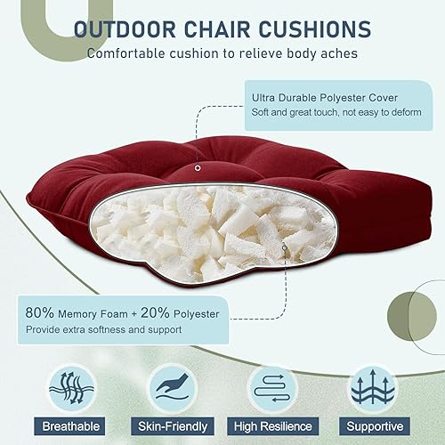 Miniatura 2 de downluxe Cojines para sillas de exterior, impermeables, acolchados en forma de U, para patio, 19 x 19 x 5 pulgadas, color borgoña, paquete de 2