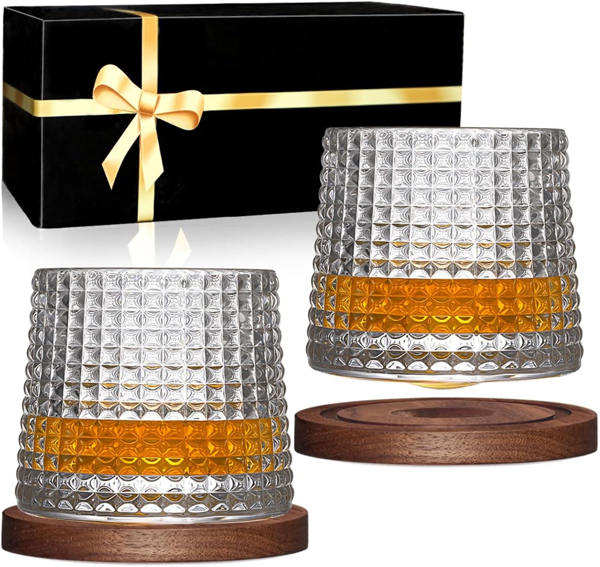 Whiskey Glasses Set of 2, Rotatable Tumbler Crystal Glass Cups, Drinking Glasses with 2Pcs Creative Walnut Coasters and Gift Box - for Scotch,Bourbon,Cocktails