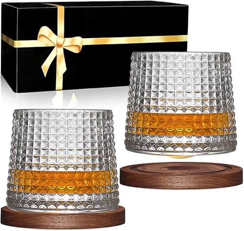 Juego de 2 vasos de whisky giratorios, vasos de cristal con 2 posavasos creativos de nogal y caja de regalo, para escocés, bourbon, cócteles