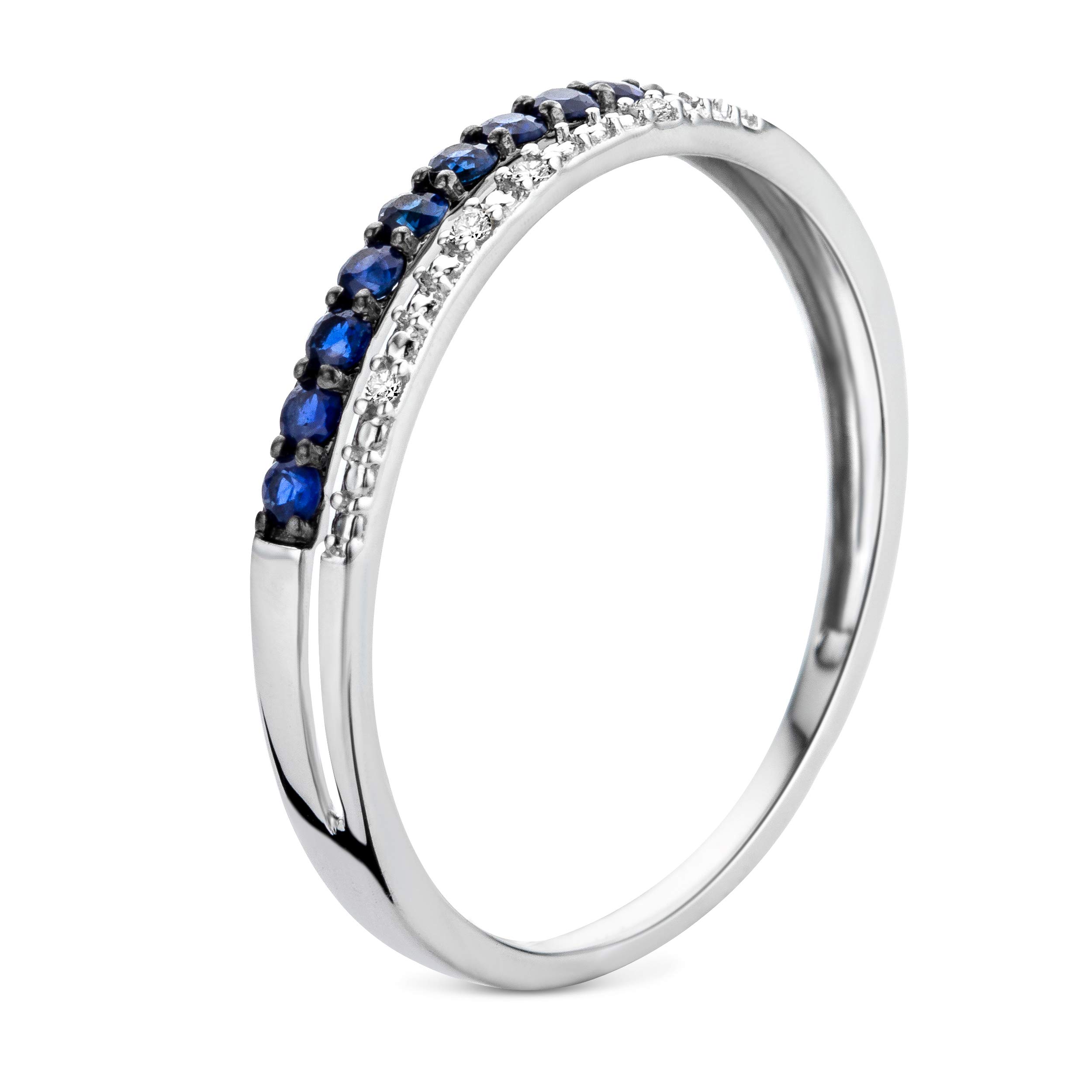 Miore Anillo para mujer de doble fila de diamante de la eternidad de oro blanco de 9 quilates/375 con piedras preciosas, zafiro azul de 0,19 quilates y diamantes brillantes, joyas