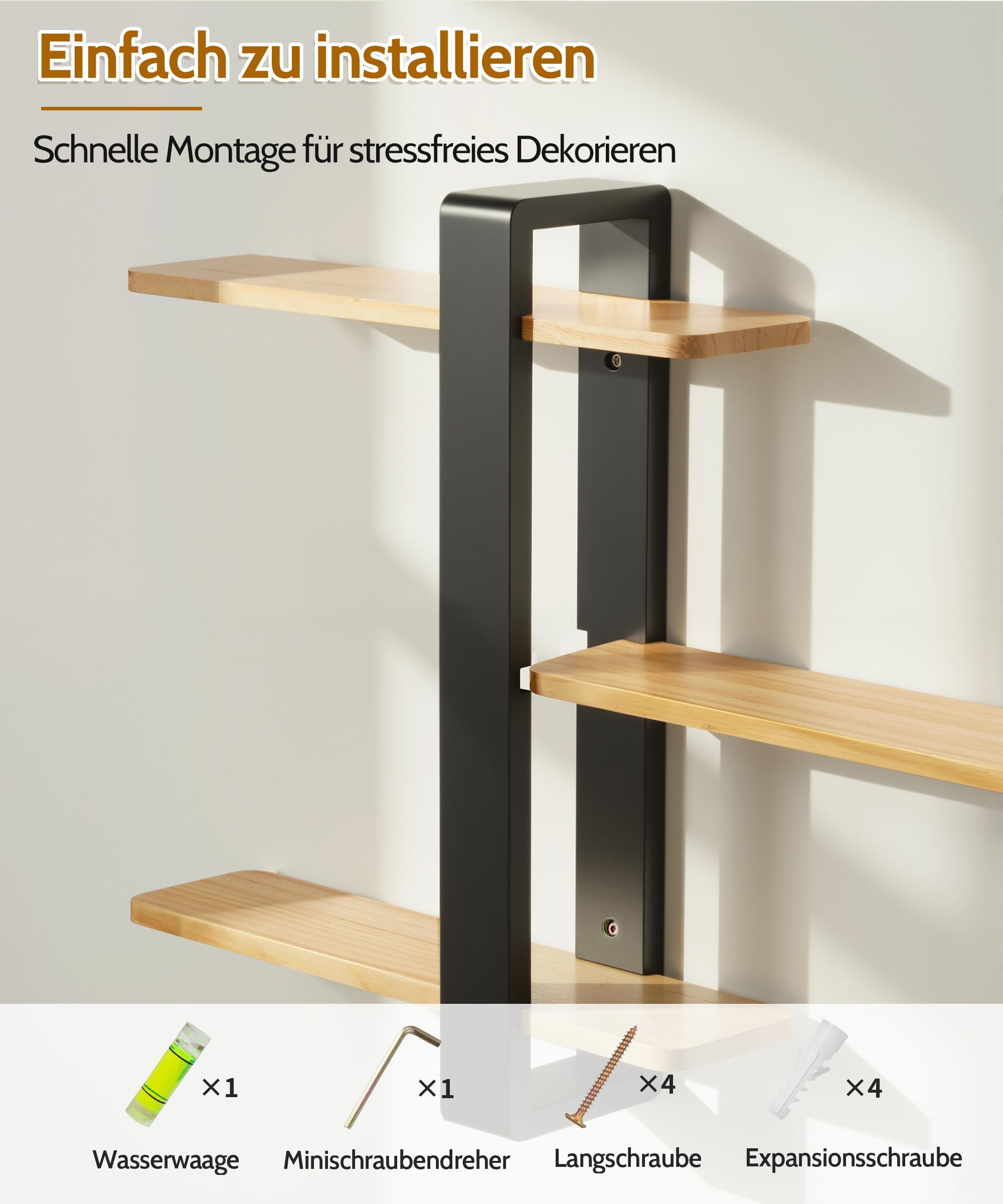 SUMGAR Wandregal Holz, dekoratives Hängeregal mit 3 Ablagen, 50 x 58 cm | Aus massivem Kiefernholz mit drei abnehmbaren Böden; zur Wandmontage für Bücher und Deko in Wohn- und Schlafzimmer.