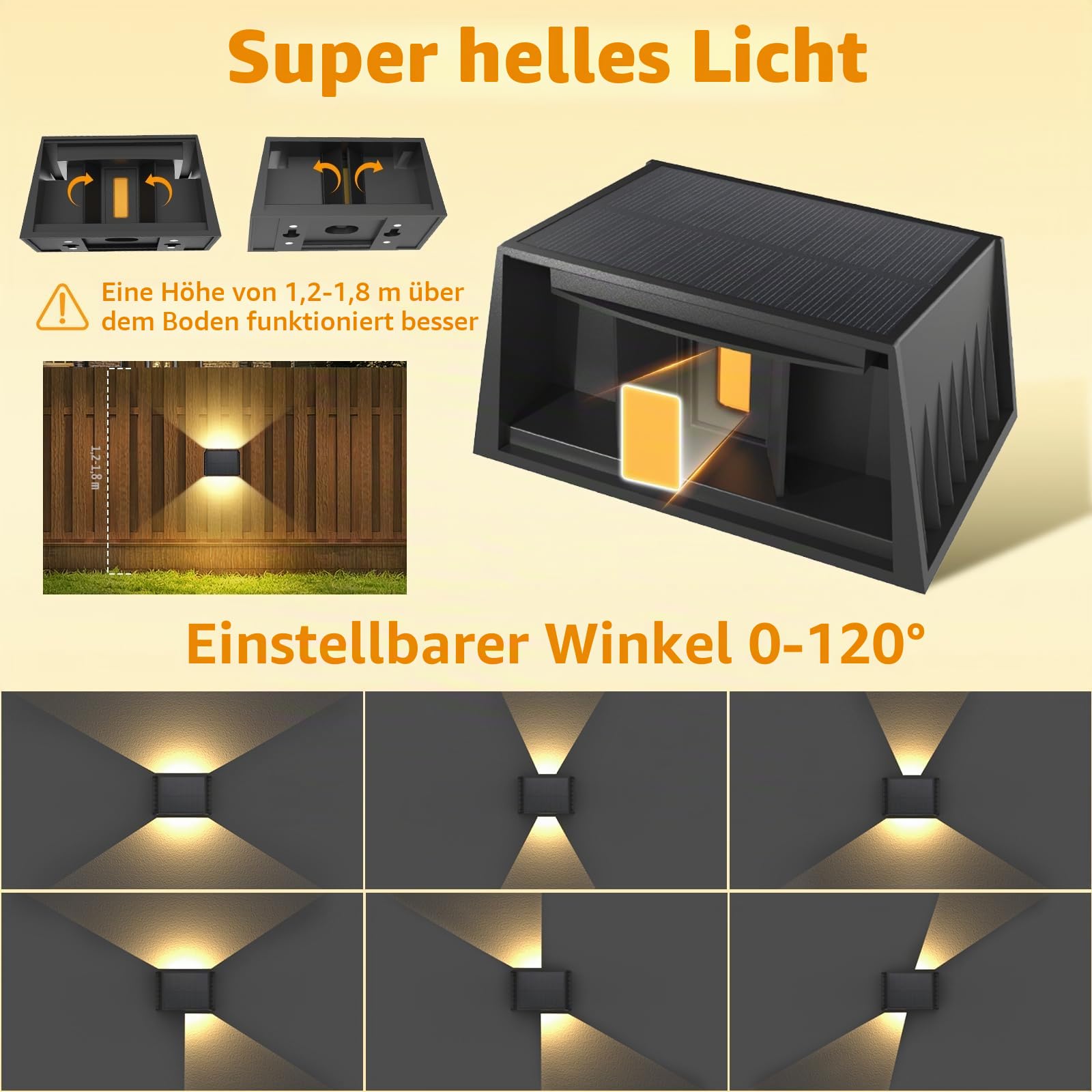 T-SUNUS Solar Wandleuchte Außen, Solar Wandlampe Außen Up and Down einstellbare Lichtstrahler, IP65 Wasserdicht, Außenlampe Wand für Hof Balkon Eingang Deck Treppen 8 Stück 3000K