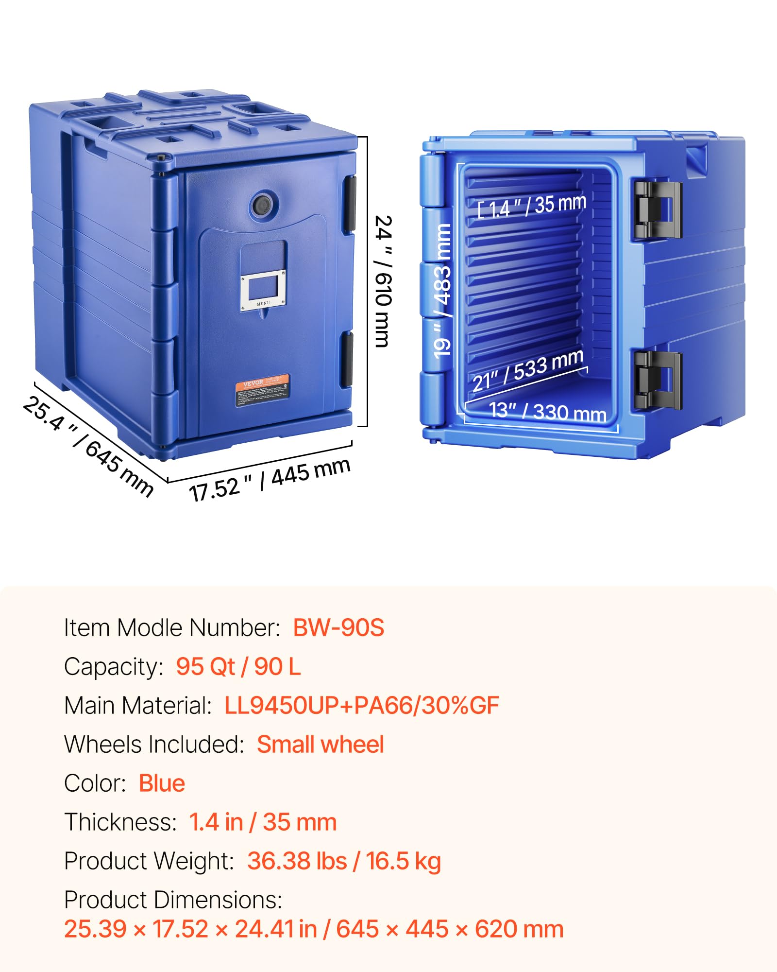 VEVOR Conteneur Isotherme pour Bac Gastronorme 90 L, Boîte de Transport Alimentaire Empilable, Chargement Frontal, avec Doubles Boucles et Poignées, Porte-plateaux pour Restauration Cantine, Bleu