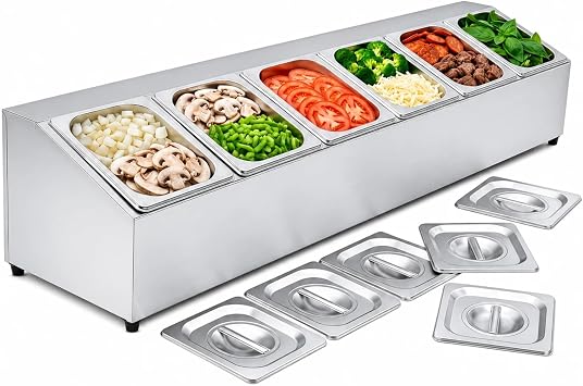 Commercial Stainless Steel Condiment Dispenser 1x6 - 6 GN 1/6 Pans & Steel Lids. Topping Station Heavy-Duty Ingredient Organizer for Restaurants, Pizza & Takeaways