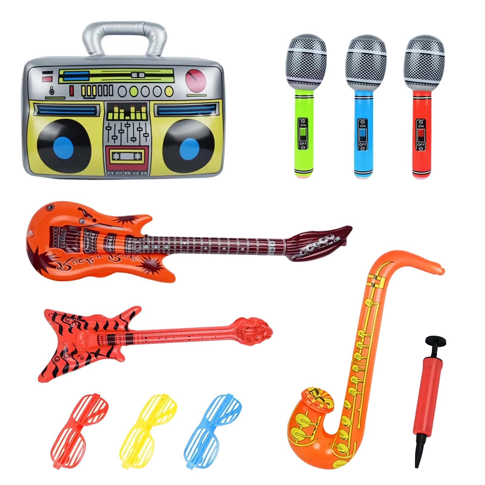 11-Piece Inflatable Musical Instrument Set - 3 Sunglasses, 3 Microphones, 1 Guitar, 1 Bass, 1 Saxophone, 1 Radio + Portable Air Pump | Party Decor & Photo Props for Birthdays, Weddings, Beach Parties