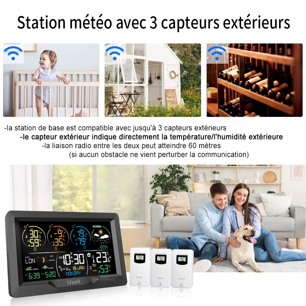 Uzoli EM3390 Station météo sans fil avec 3 capteurs, Horloge DCF | Thermomètre-hygromètre, Écran couleur, Prévision météo, Pression, Lever du soleil, Phase lunaire, Alerte risque de moisissure
