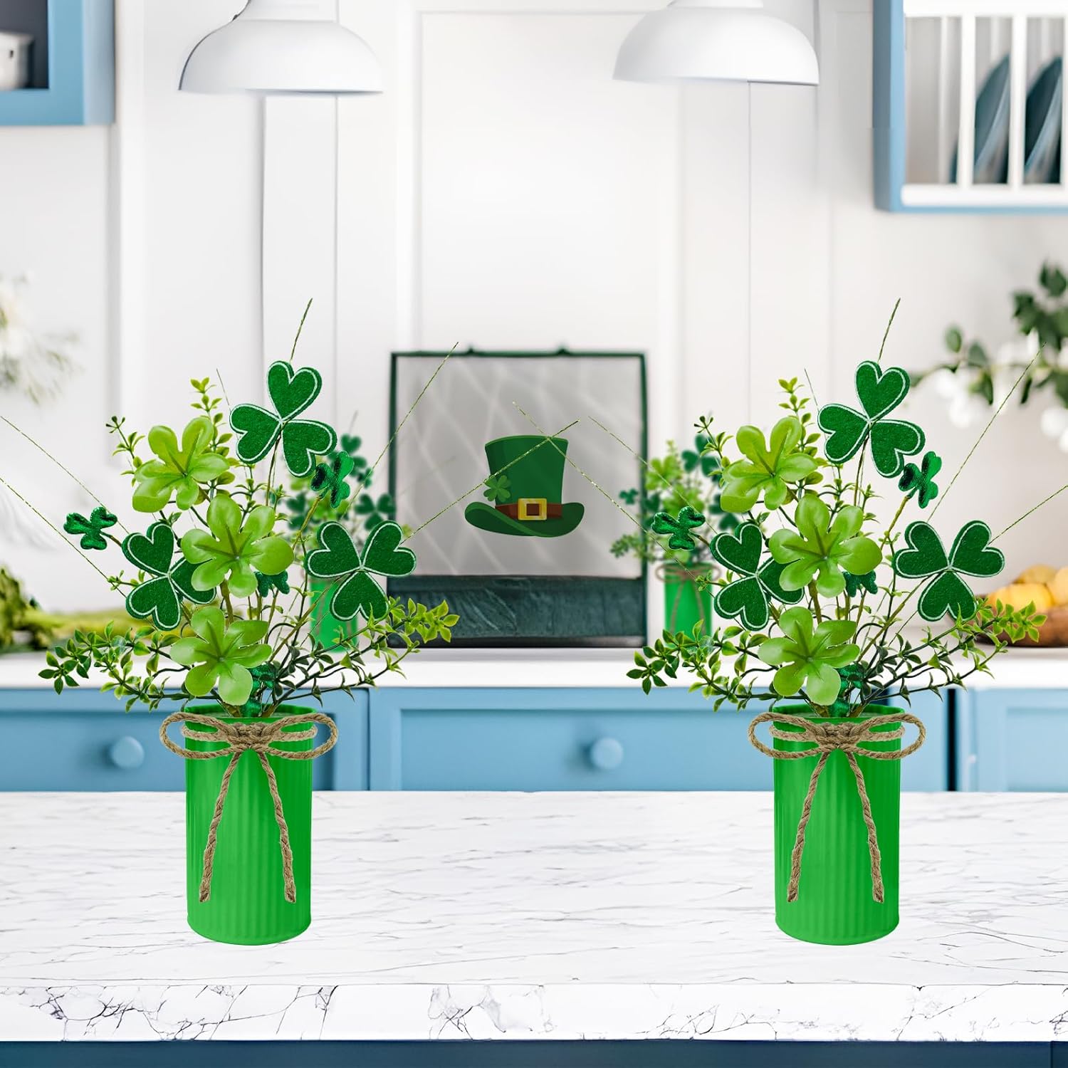 4 Pack St Patricks Day Floral Picks Green Shamrock Stems Small Fake Plant with Metal Pot for Home Party Table Centerpiece Decor St Patrick's Day Decorations