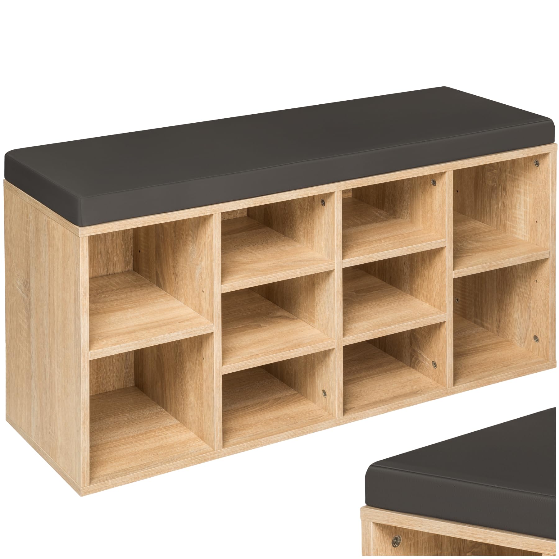 tectake® Shoe Bench with Soft Seat Cushion & 10 Storage Compartments, Shoe Storage Cabinet in Stable, Minimalist Design, Ideal Shoe Storage Bench for Hallway, Bedroom & Living Room - Light Wood/Grey