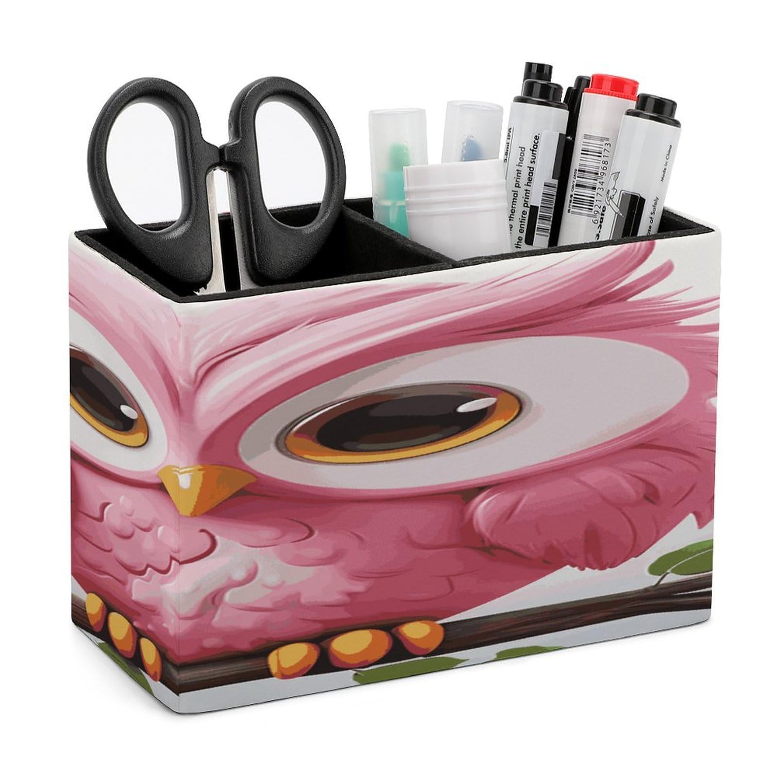 VstaDank A Pink Owl Pencil Holder for Desk(Double Slots) Fashion Leather Pencil Cup Simple Rectangular Shape Pen Holder Multi-Functional Pen Cup for Home Office Supplies Storage