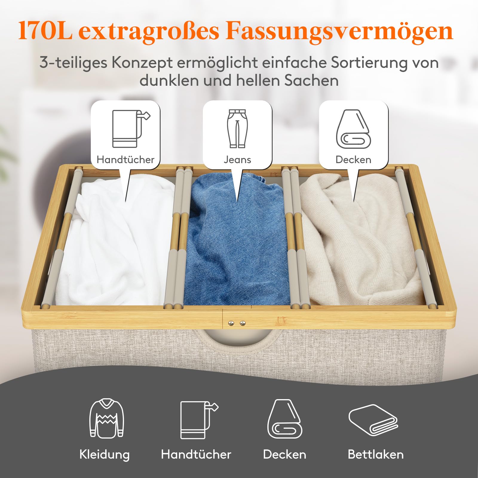 Lifewit 170L Bambus Wäschekorb mit Deckel, Faltbar Wäschesammler 3 Fächer Wäschesortierer mit Abnehmbarem Wäschesack Bambus Griffen Wäschebox Laundry Baskets für Waschküche, Schlafzimmer, Beige