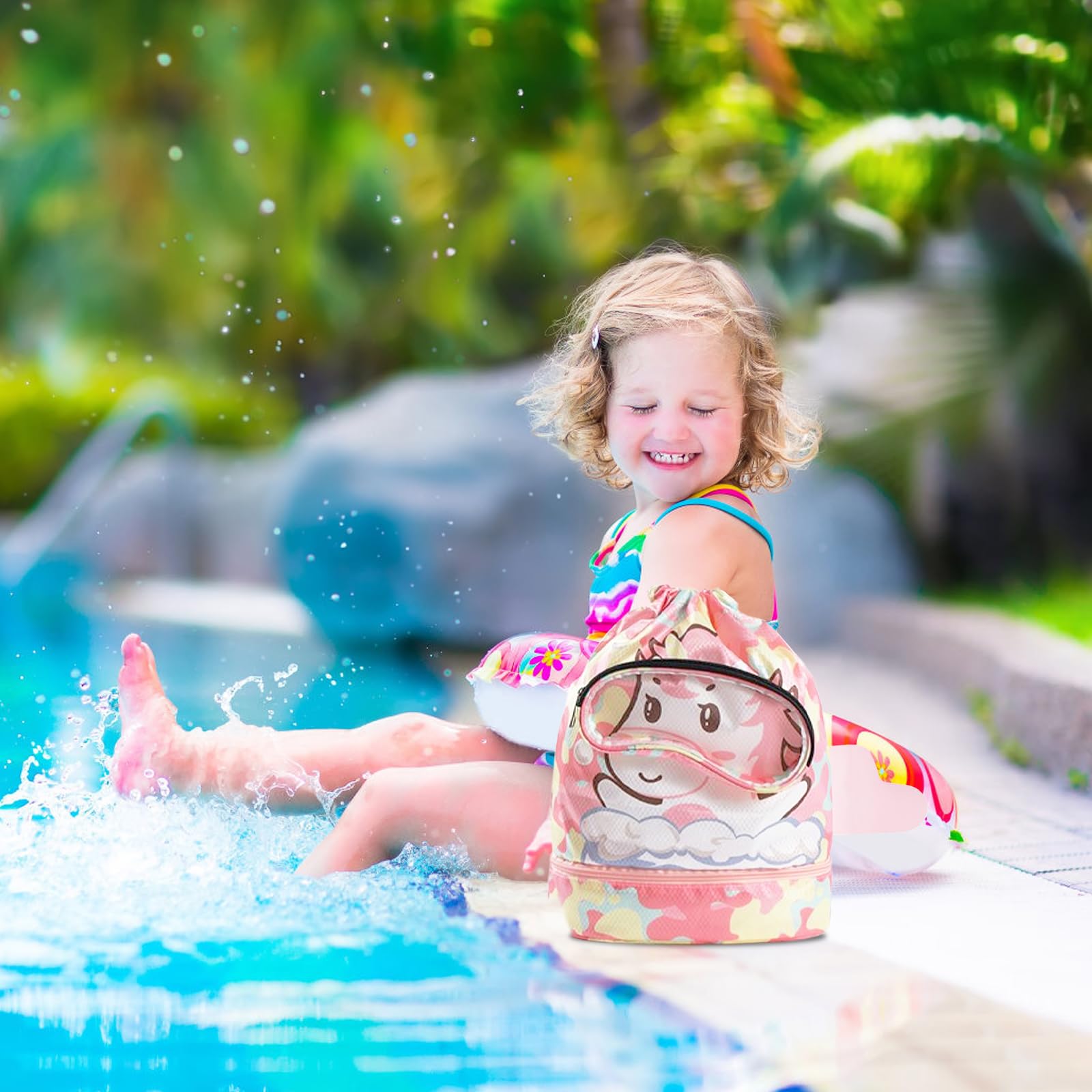 Zaino da Nuoto Bambini, Borsa Coulisse Bambini, Borsa Impermeabile Piscina Bambino con Portascarpe, Grande Capacità Sacca Sportiva Palestr con Cerniera per Nuoto, Palestra, Spiaggia, Unicorno