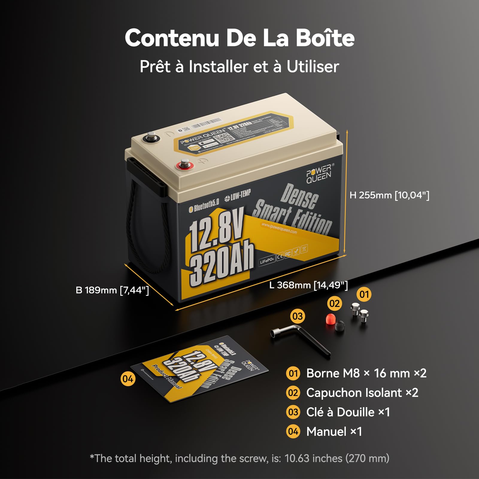 Power Queen Batterie Lithium 12V 320Ah Bluetooth Mini Camping-Car, 4096Wh Batterie LiFePO4 Largeur 189mm pour Espace sous Sièges, BMS 200A avec Basse Température, Convient pour Caravane, Bateau,Solair