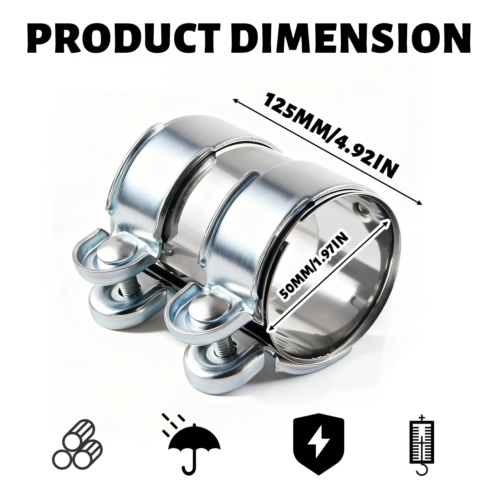 Universale Doppio Fascetta di Scarico 50mm Morsetto per Tubo di Scarico Acciaio Inossidabile Connettore per Tubi con Doppia Fascetta per Moto e Auto Accessori Tubi Scarico,Ø 55 mm/L: 125 mm