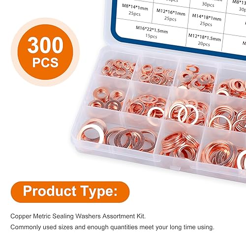 Miniatura 3 de LordHardware Kit surtido de 300 arandelas de sellado de cobre M5 M6 M8 M10 M12 M14 M16 M20 arandelas planas (cobre)