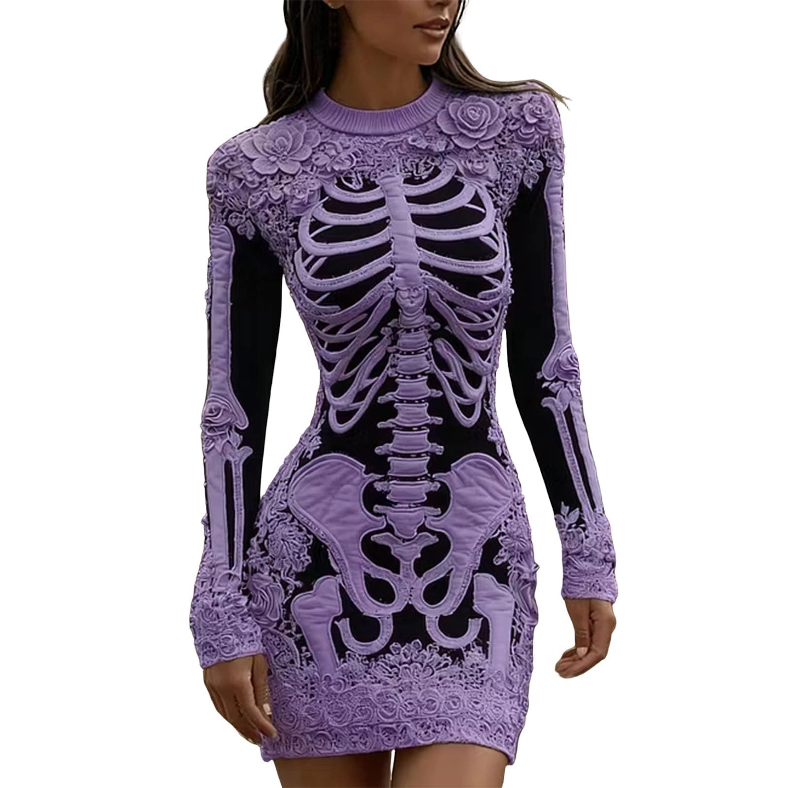 Women Halloween Costume Vintage Long Sleeve Crew Neck Gothic Mini Dress — image 1