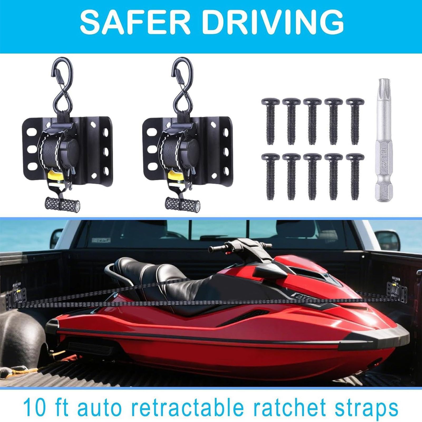 Ratchet Tie Down Kit, 2 szt. Zaciskane Pasy Transportowe z Klipsami, Automatyczny Zestaw Napinaczy do Ładunków dla Samochodu, Motocykla, Przeprowadzek
