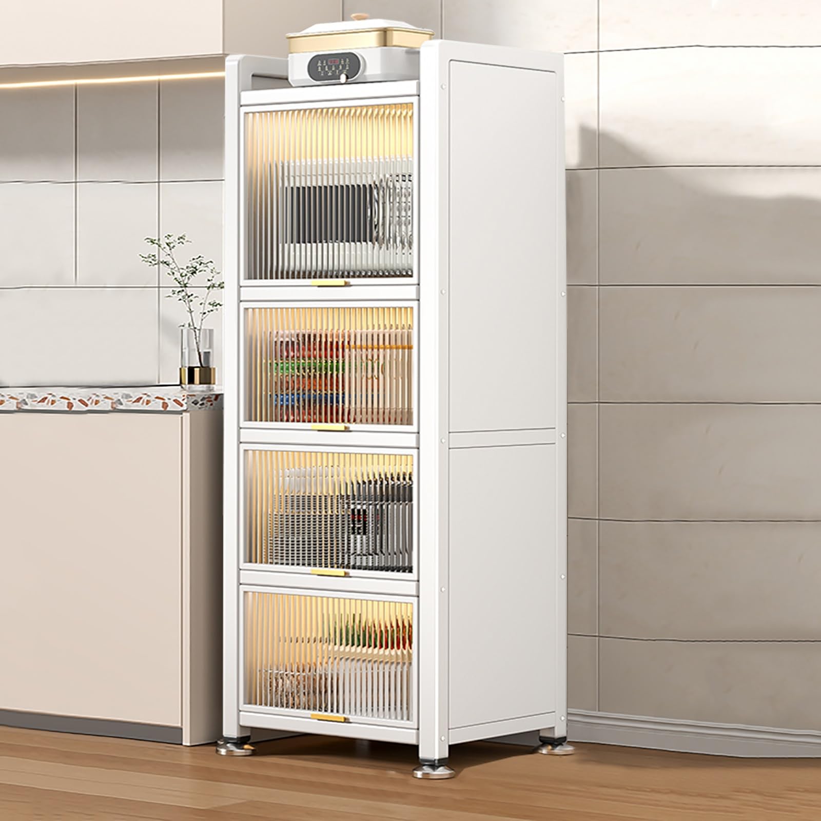 Gabinete de almacenamiento de cocina blanco, estante para panaderos con puertas transparentes, estantes de despensa, almacenamiento versátil para electrodomésticos de cocina (50 x 154 x 36 cm)