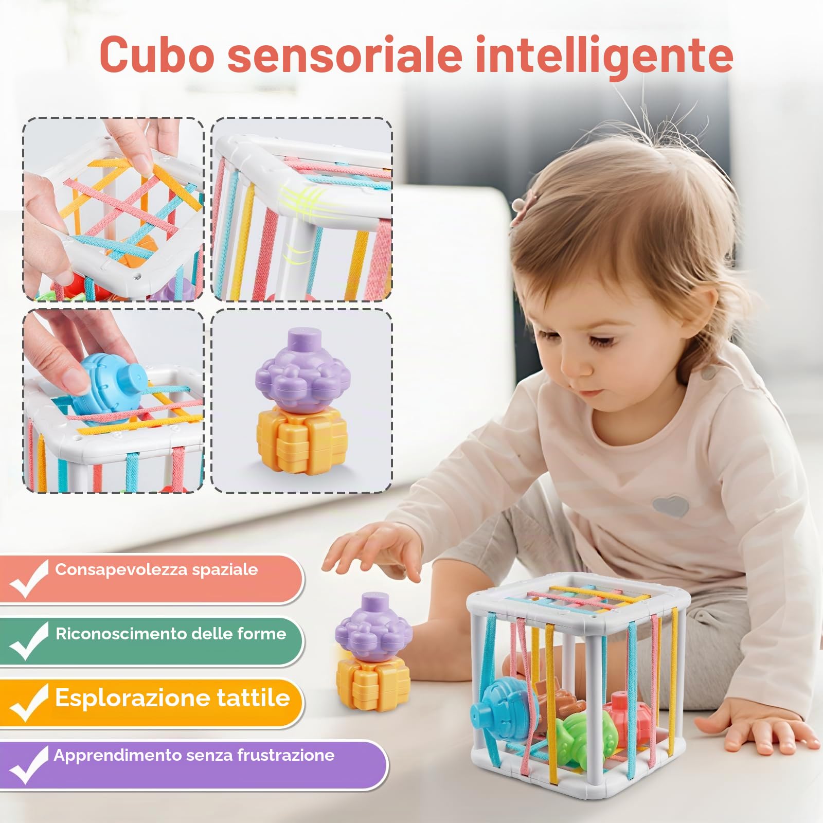 Giochi Montessori 18+ Mesi,6 in 1 Gioco Neonati Bambini, Forme Sensoriali, Ordinazione e Impilazione, Impilazione Blocchi, Sonagli, Giochini Regalo Bambino e Bambina 18 Mesi 2 3 Anno