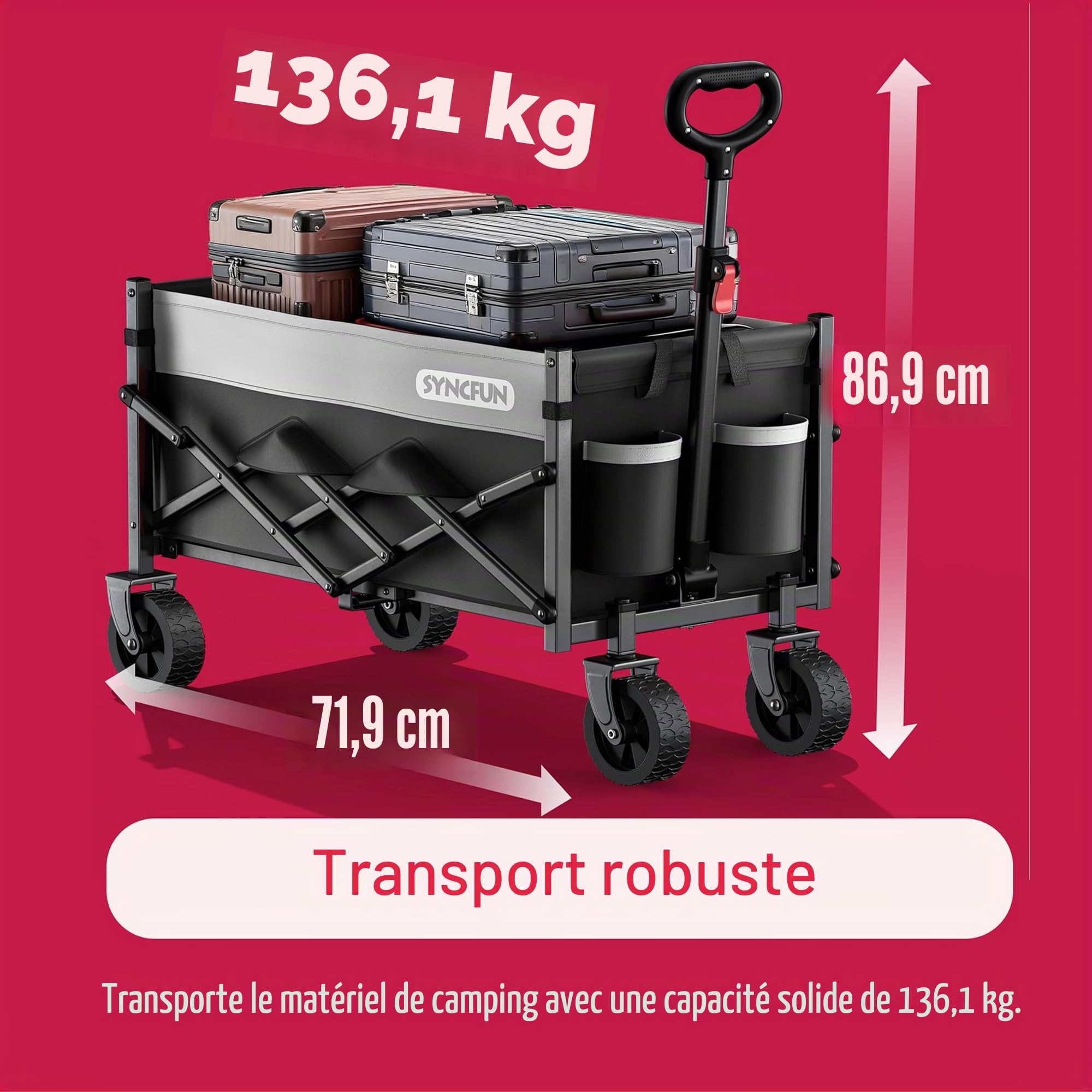 SYNCFUM Chariot de chariot pliable avec roues, robuste, 250 kg, avec poignée flexible, chariot utilitaire de plage pour jardin, camping et noir