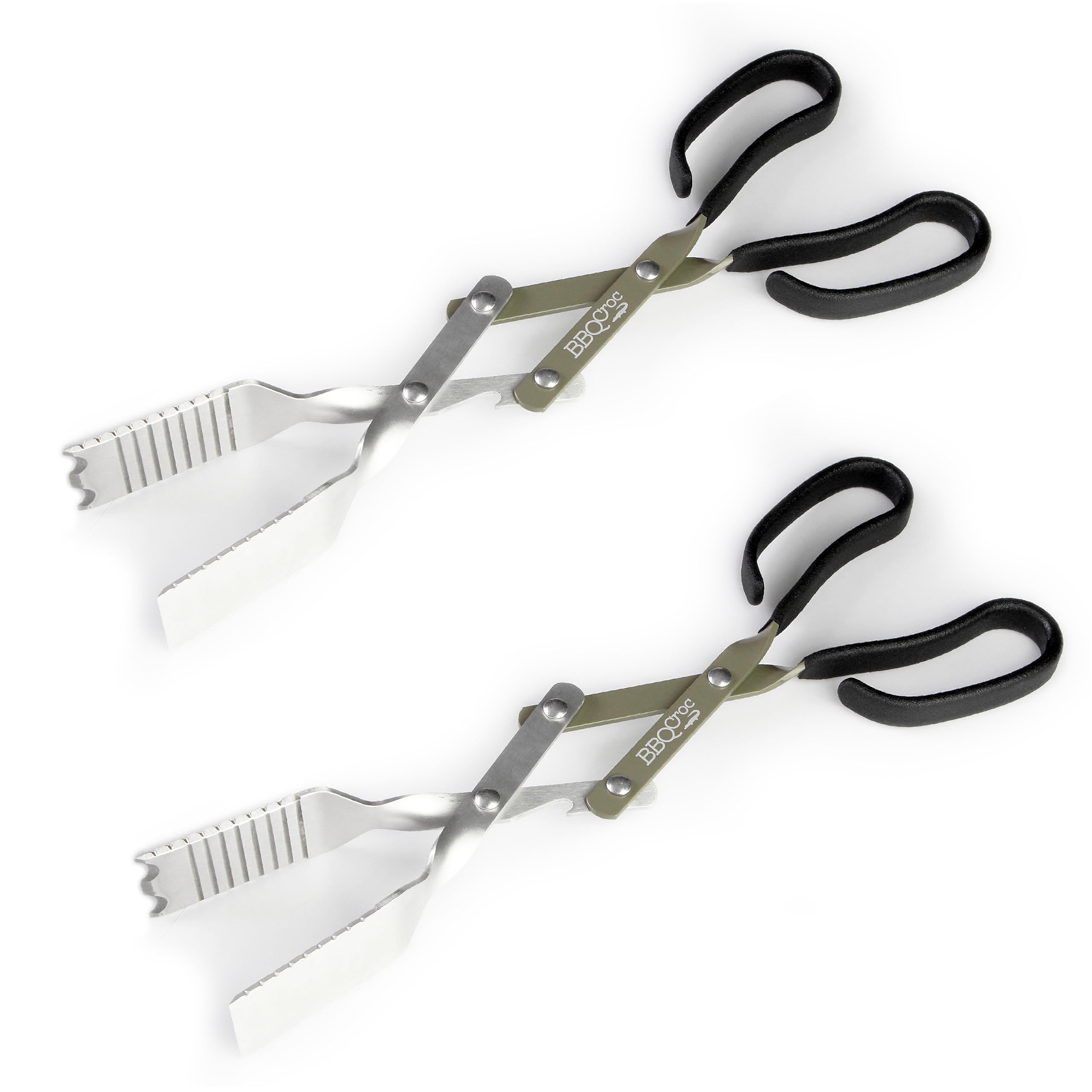 BBQ Croc 3-in-1 Barbecue Tool 15-inch - Pack of 2 - Extra Light Tongs, Spatula and Grill Scraper (Green) (15 inch Without Flashlight)