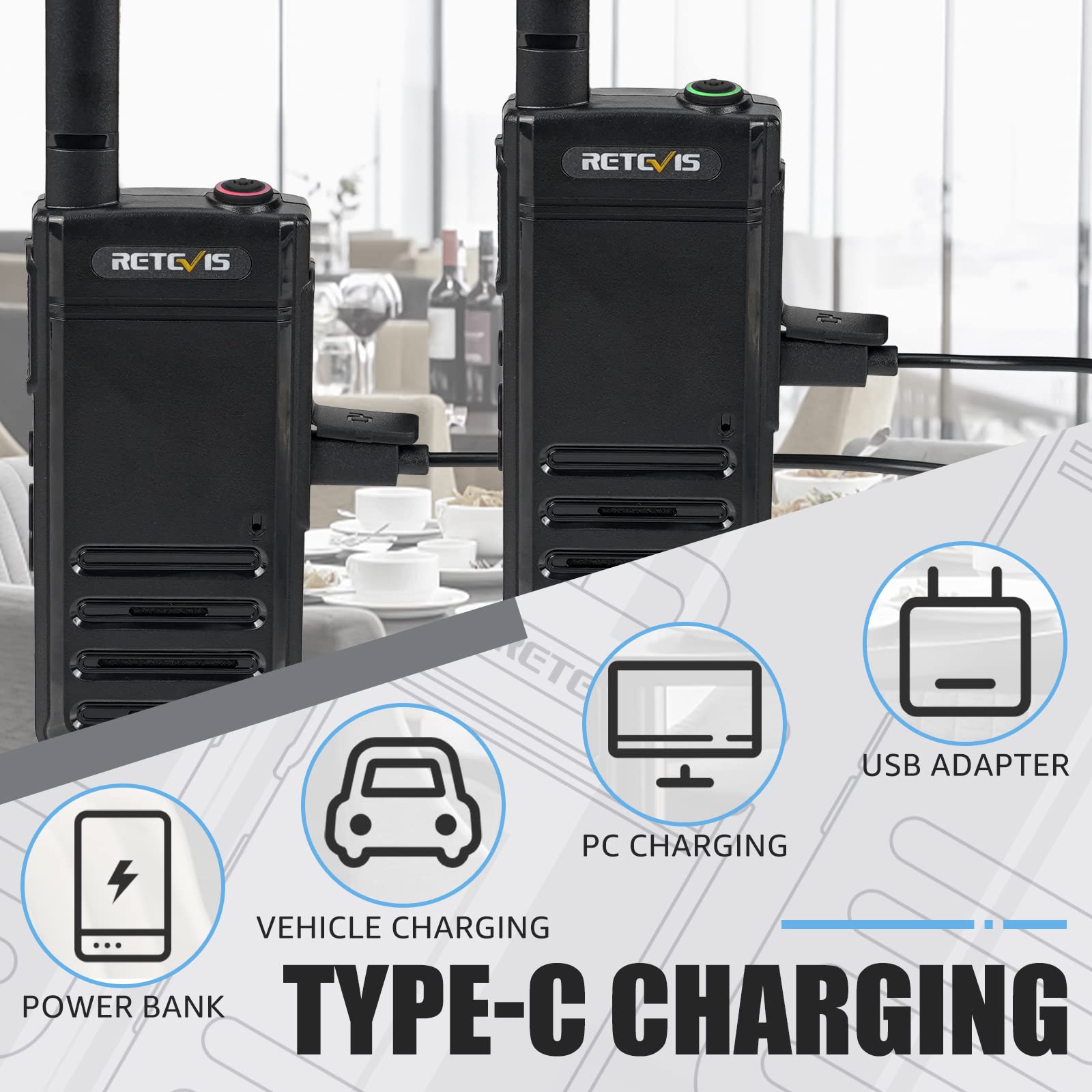 Retevis RB639P Walkie-Talkies für Erwachsene, Mini-Funkgerät mit Ohrhörern, VOX, USB-C, PMR446 Professionelles 2-Wege-Funkgerät für Restaurant (Schwarz, 4 Stück)