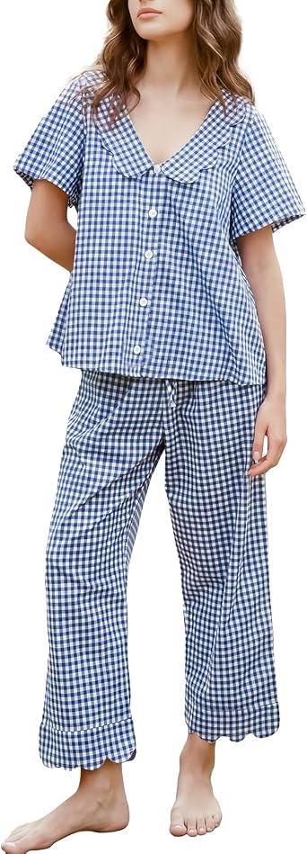 Yimoon Womens Gingham Pajamas Set 2 Piece Plaid Cotton Pjs