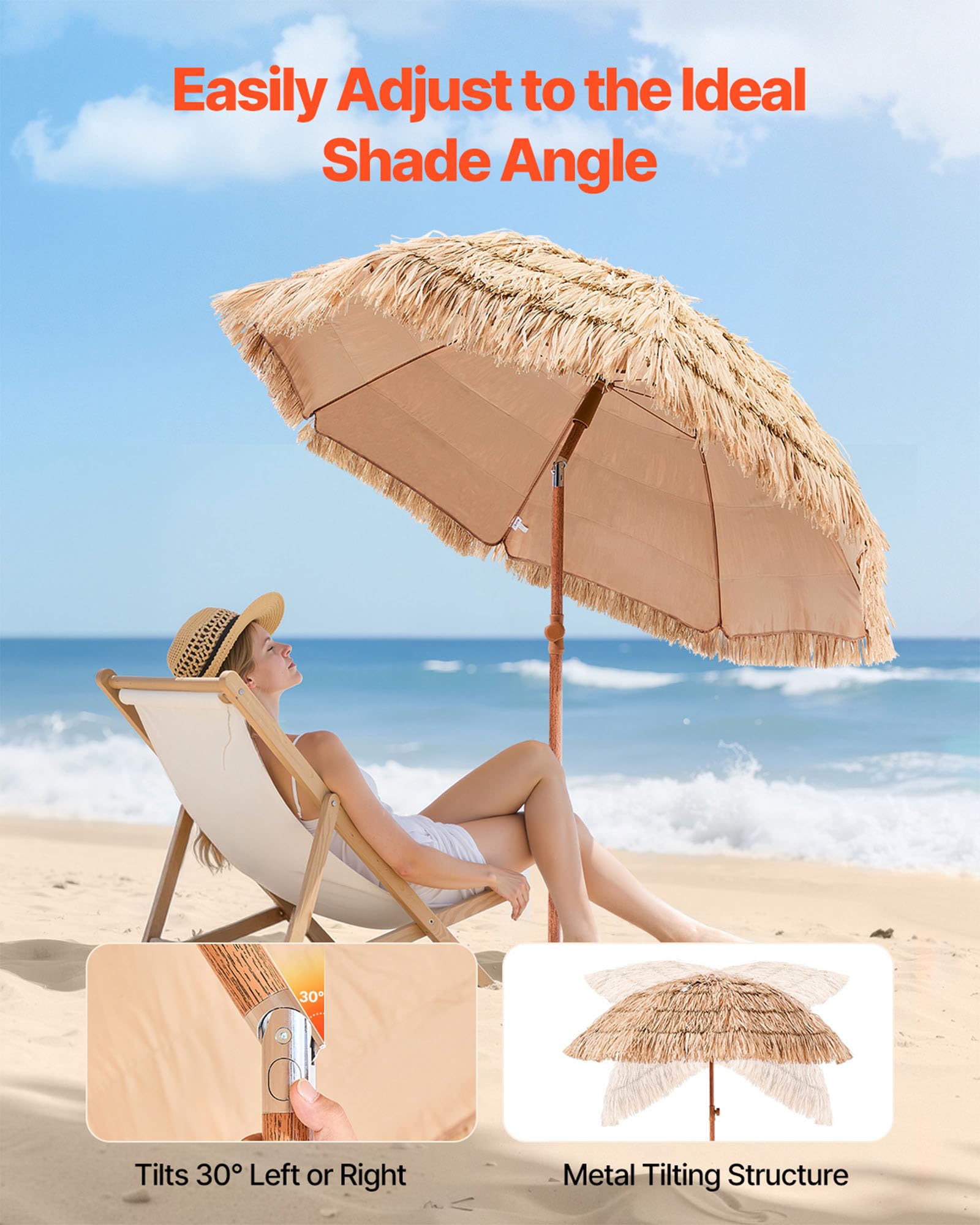 VEVOR Ombrello in paglia Hawaii, 2 m, inclinabile, ombrellone da spiaggia con paglia PP e 8 barre in metallo, ombrellone da giardino, ombrellone da mercato, ombrellone da terrazza, bordo piscina