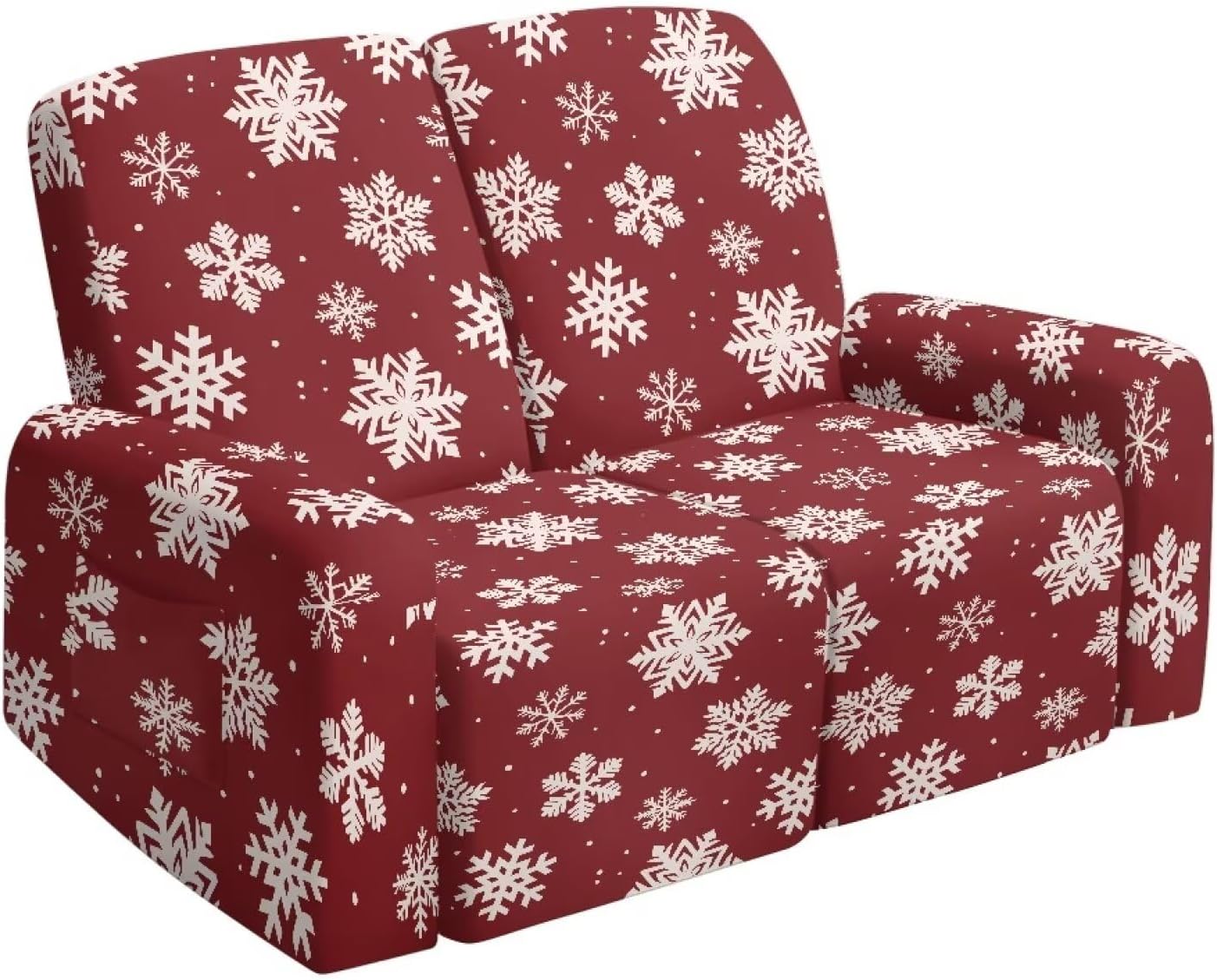 6 Pieces Christmas Snowflake Stretch Loveseat Recliner Slipcover Lazy Boy Recliner Sofa Cover with Side Pockets Fitted Reclining Cover Couch Furniture Protector with Elastic Bottom