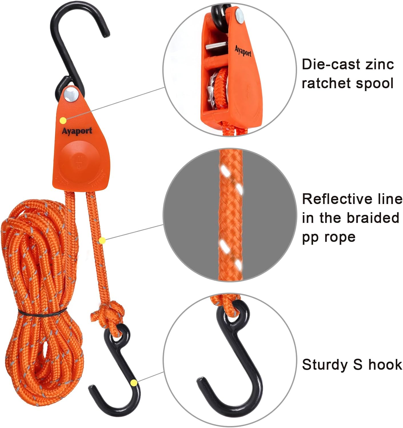 Ayaport Kayak Rope Tie Down 1/4" 14ft Ratchet Straps Bow and Stern Ratcheting Tie Downs Rope Hanger Kayak and Canoe Accessories Orange