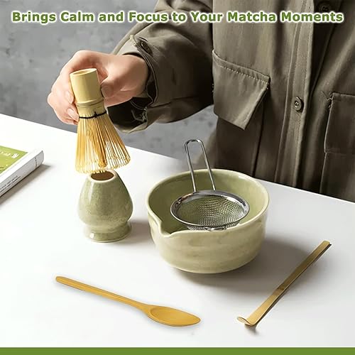 Miniatura 7 de Juego de batidor de matcha, juego de matcha de cerámica incluye cuenco matcha, batidor de matcha y soporte, cuchara de bambú, tamiz y toalla de té