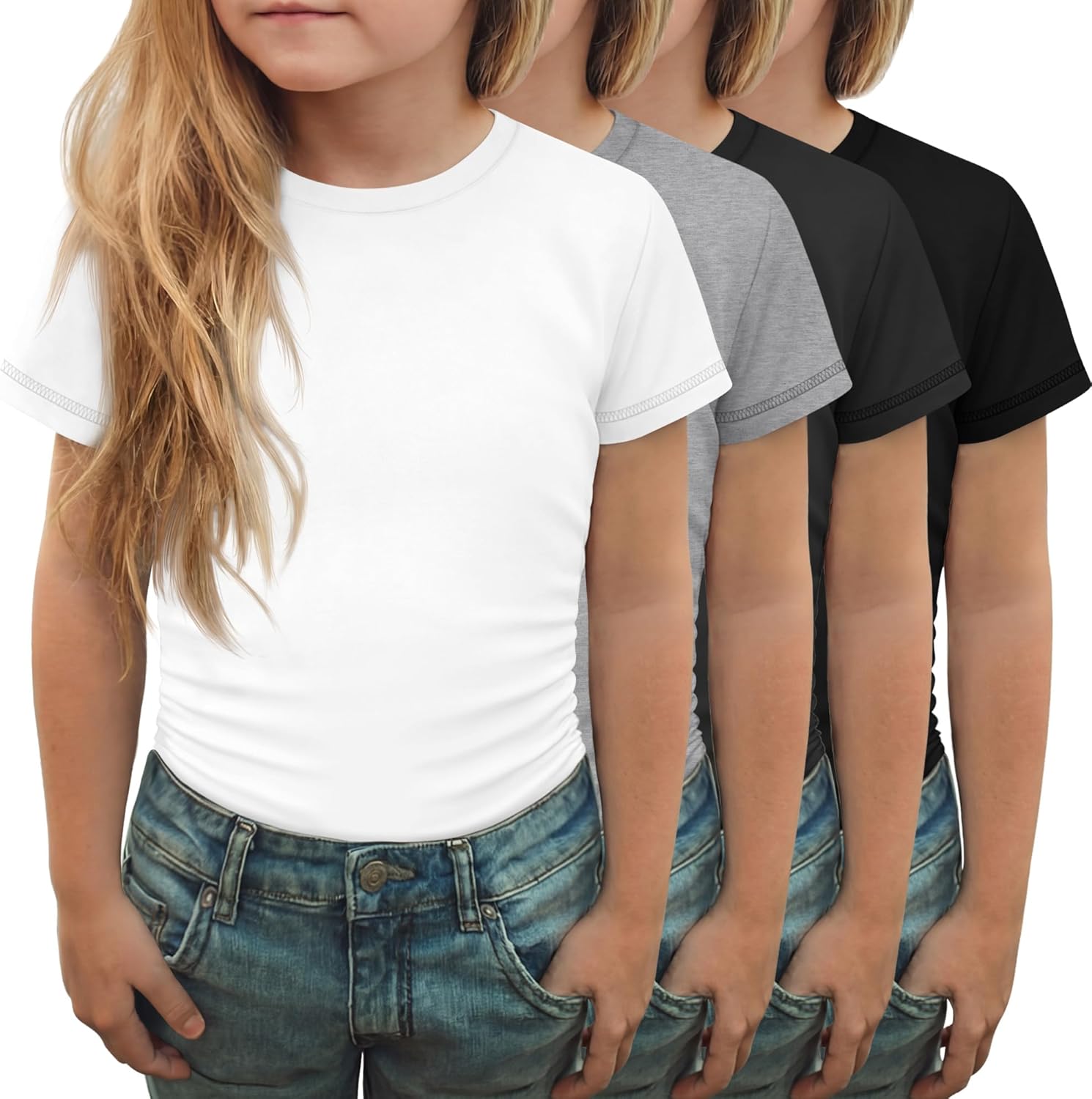 4 Pack Girls Short Sleeve T-Shirts Kids Crewneck Ruched Side Shirts Slim Fit Casual Summer Basic Tees 5-14 Years